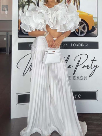 Off Shoulder Flowers Pleated Two Pieces Set