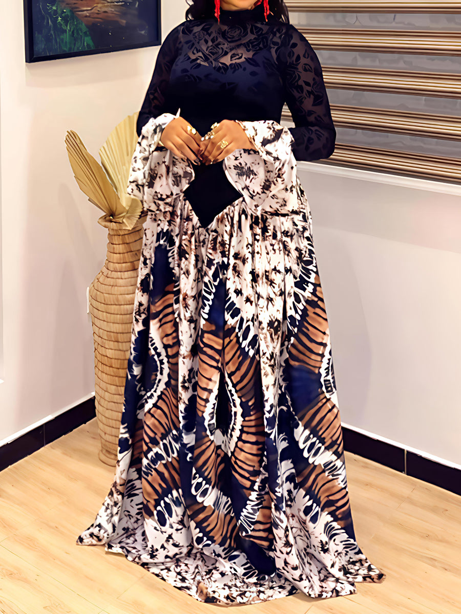 Lace Patchwork Flare Sleeve Printed Maxi Dress