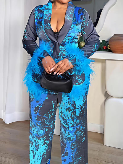 Fashion Feather Decoration Printed Two Pieces Set