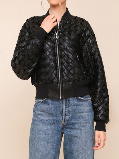Weave Faux Leather Bomber Jacket