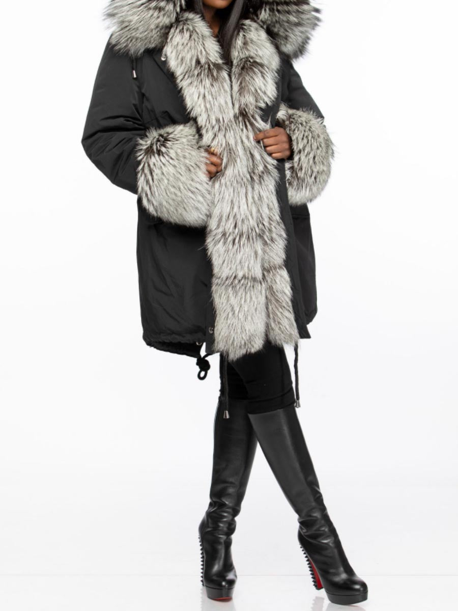 Silver Fox Fur Warm Hooded Collar Fur Coat