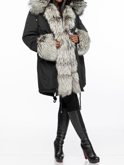 Silver Fox Fur Warm Hooded Collar Fur Coat