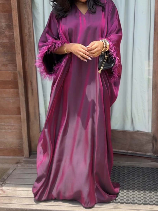 Feather Stitching V Neck Batwing Sleeve Dress