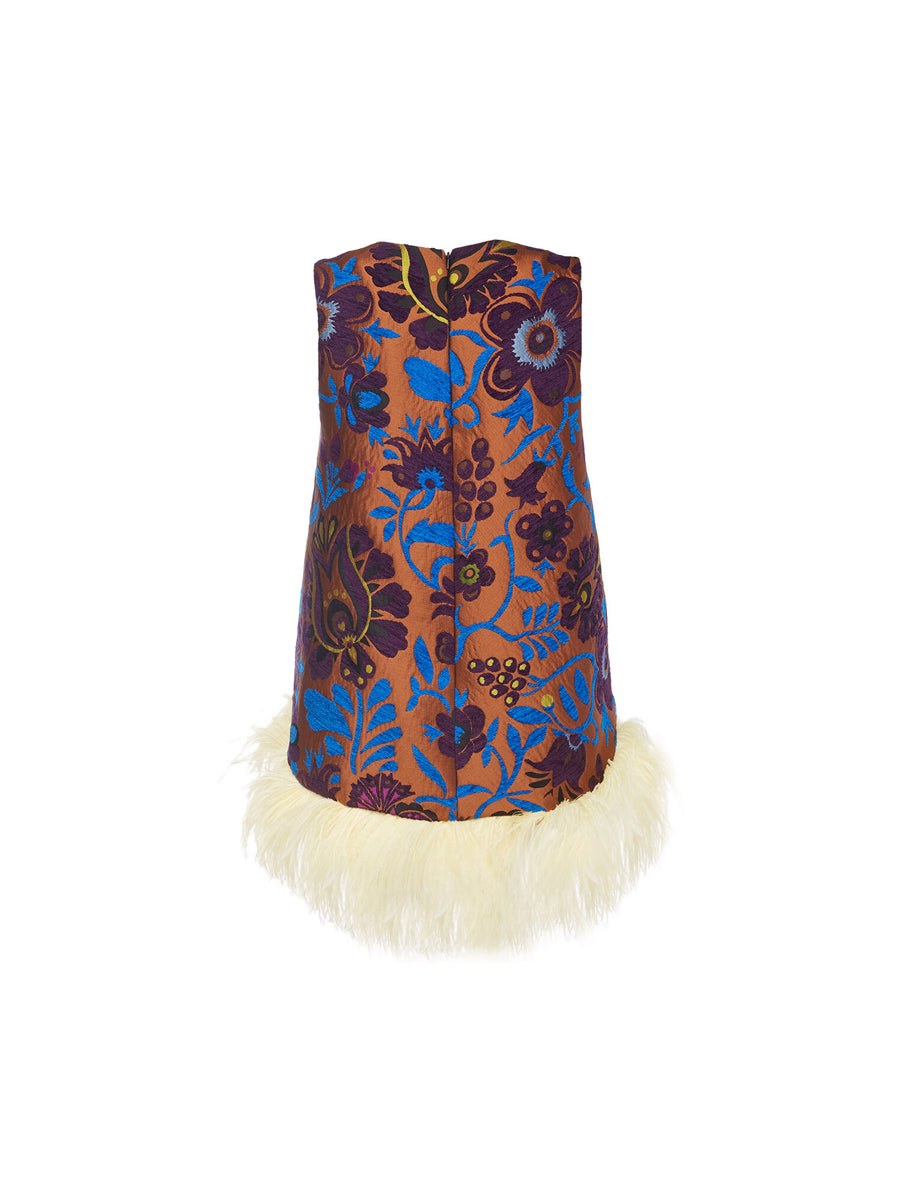 Printed Sleeveless Feather Trim Top