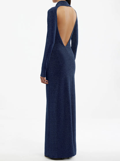 Plunge Neck Long Sleeve Open Back Maxi Dress
