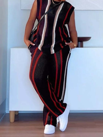 Stripe Knitted Sleeveless Two Pieces Set