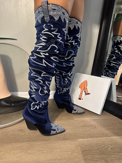 Velvet Rhinestone Embroidered Knee-high Boots