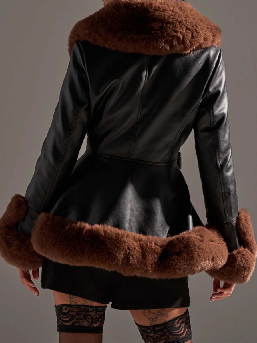 Faux Fur Trim Peplum Waist Warm Coat