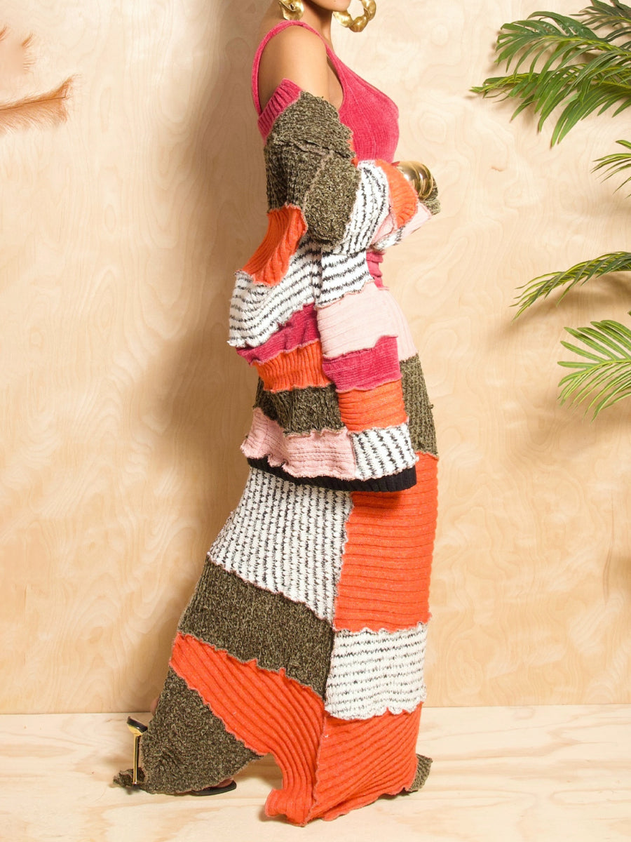 Multicolor Knitted Patchwork Two Pieces Dress
