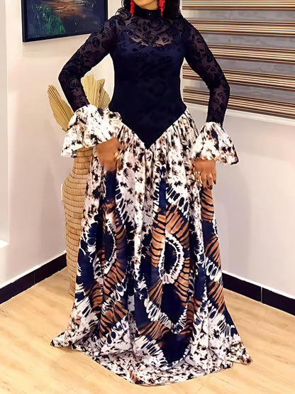 Lace Patchwork Flare Sleeve Printed Maxi Dress