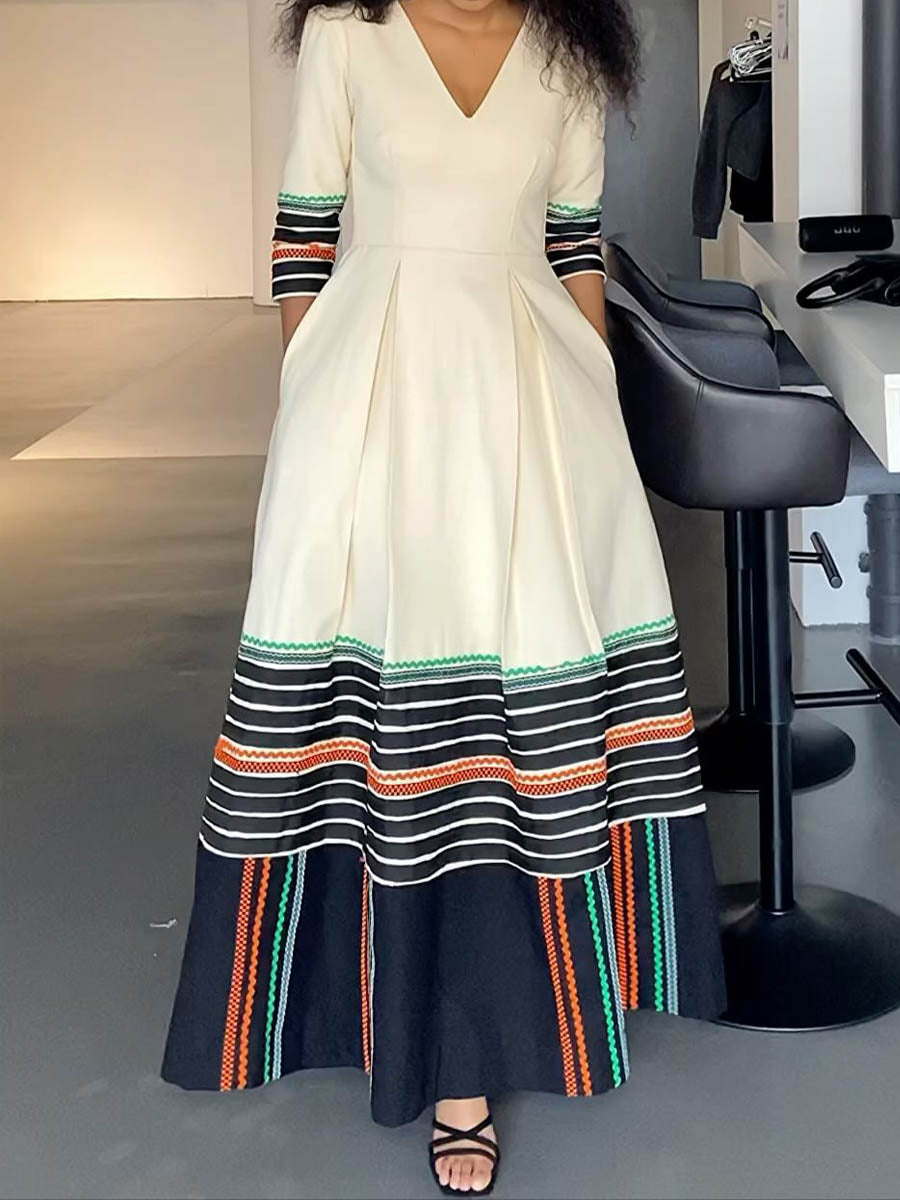 Elegant Striped Print V Neck Maxi Dress