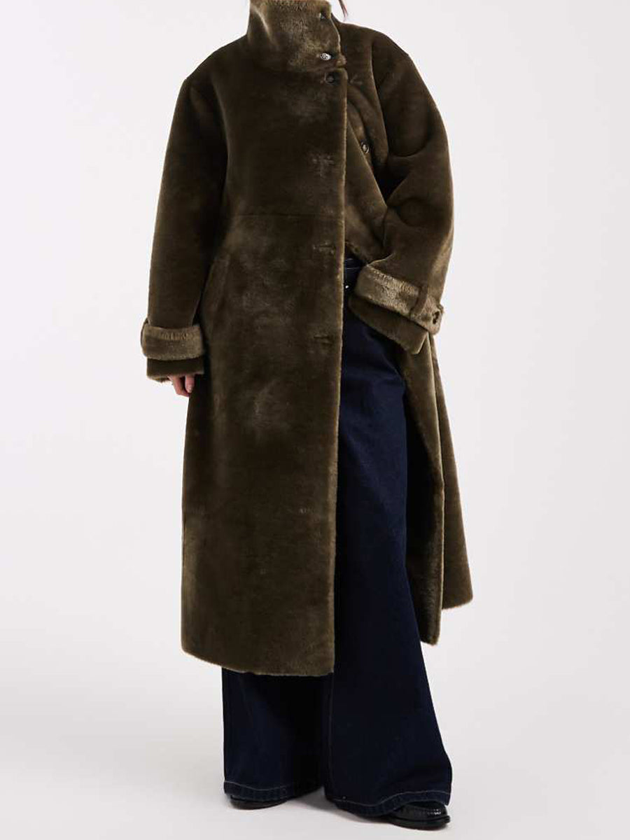 Cozy Teddy Funnel Neck Button Placket Coat