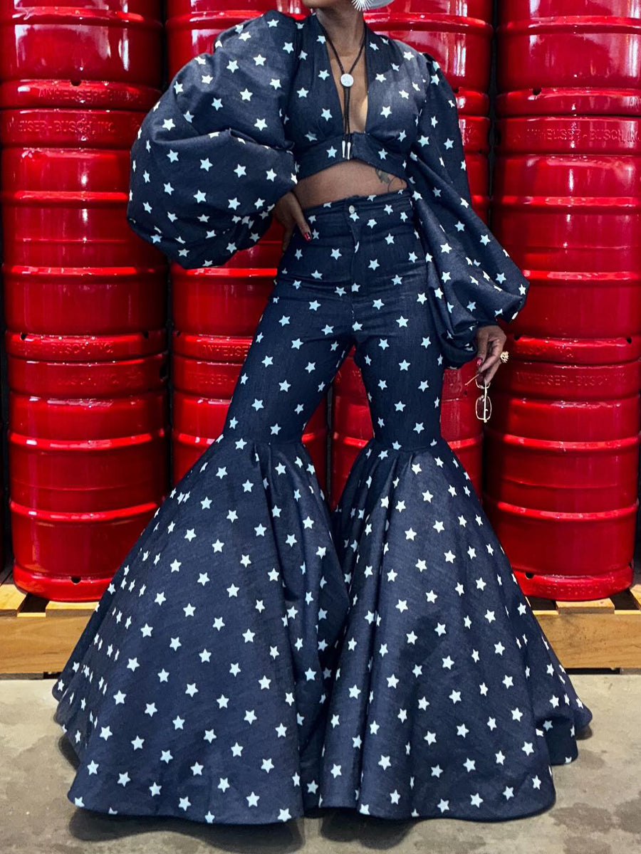 Deep V Neck Top & Flared Pants