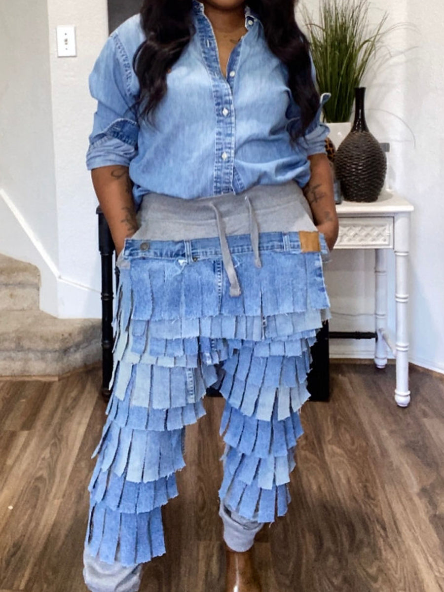 Denim Patchwork Fringed Jogger