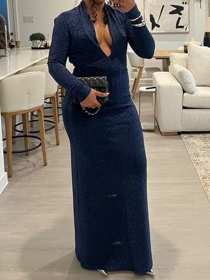 Plunge Neck Long Sleeve Open Back Maxi Dress