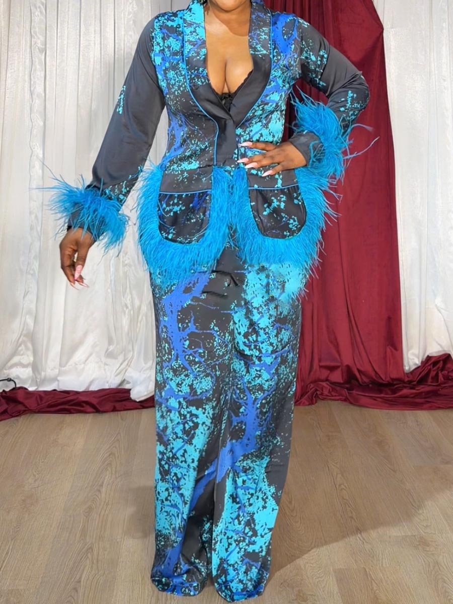 Fashion Feather Decoration Printed Two Pieces Set