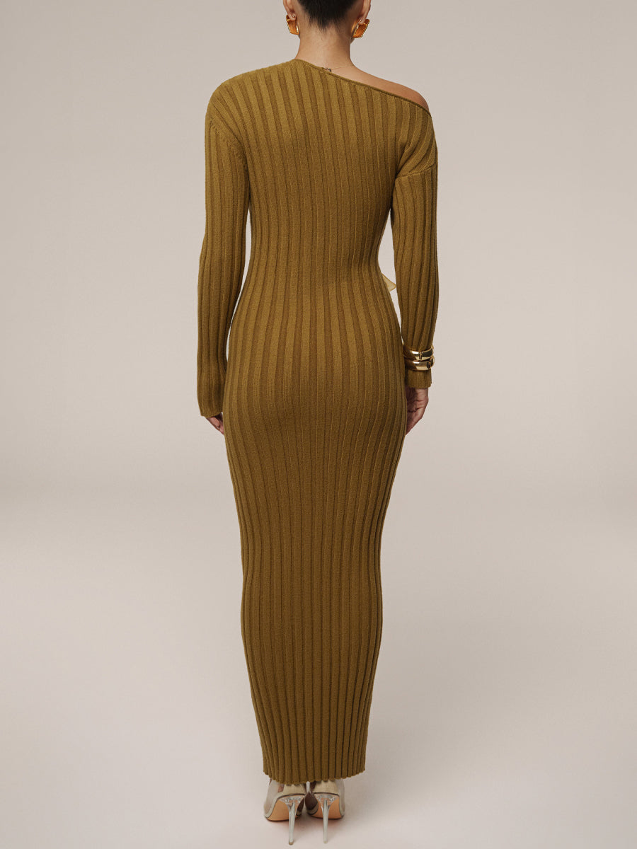 Asymmetric Neck Acrylic Accent Knitted Maxi Dress