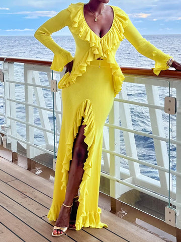 Ruffled Deep V Neck Two Pieces Dress