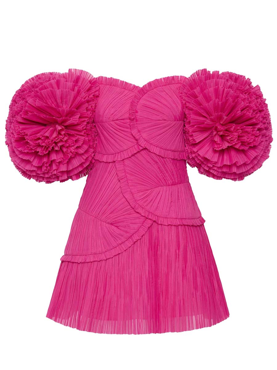 Off Shoulder Puff Sleeve Pleated Dress