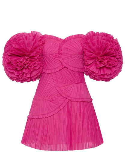 Off Shoulder Puff Sleeve Pleated Dress