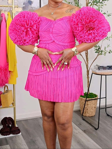 Off Shoulder Puff Sleeve Pleated Dress