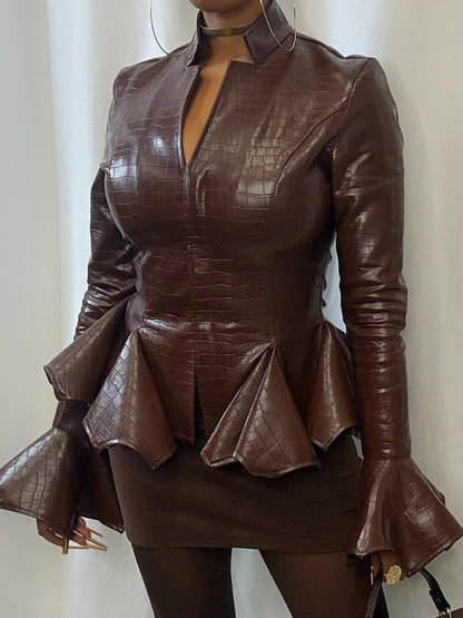 Faux Crocodile Leather Flared Cuffs Jacket