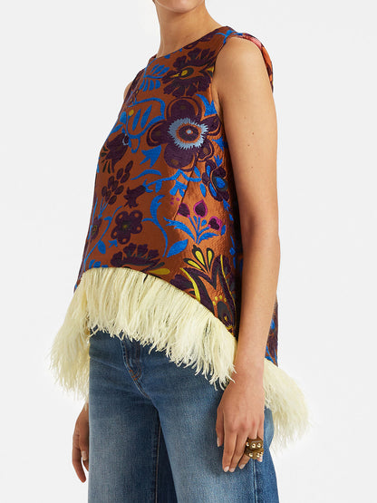 Printed Sleeveless Feather Trim Top