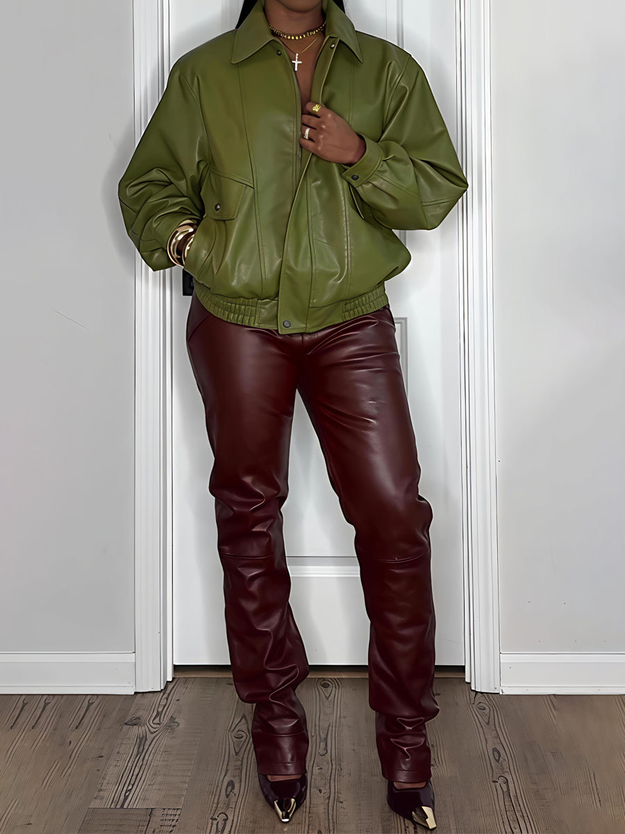 Faux Leather Ribbed Cuffs Bomber Jacket