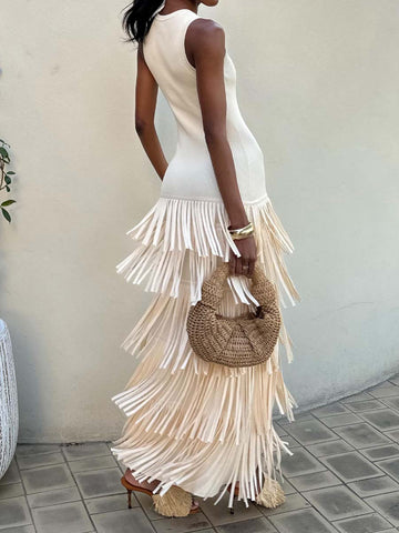 Sleeveless Knit Fringd Maxi Dress