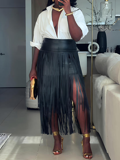 Fringe Faux Leather Maxi Skirt