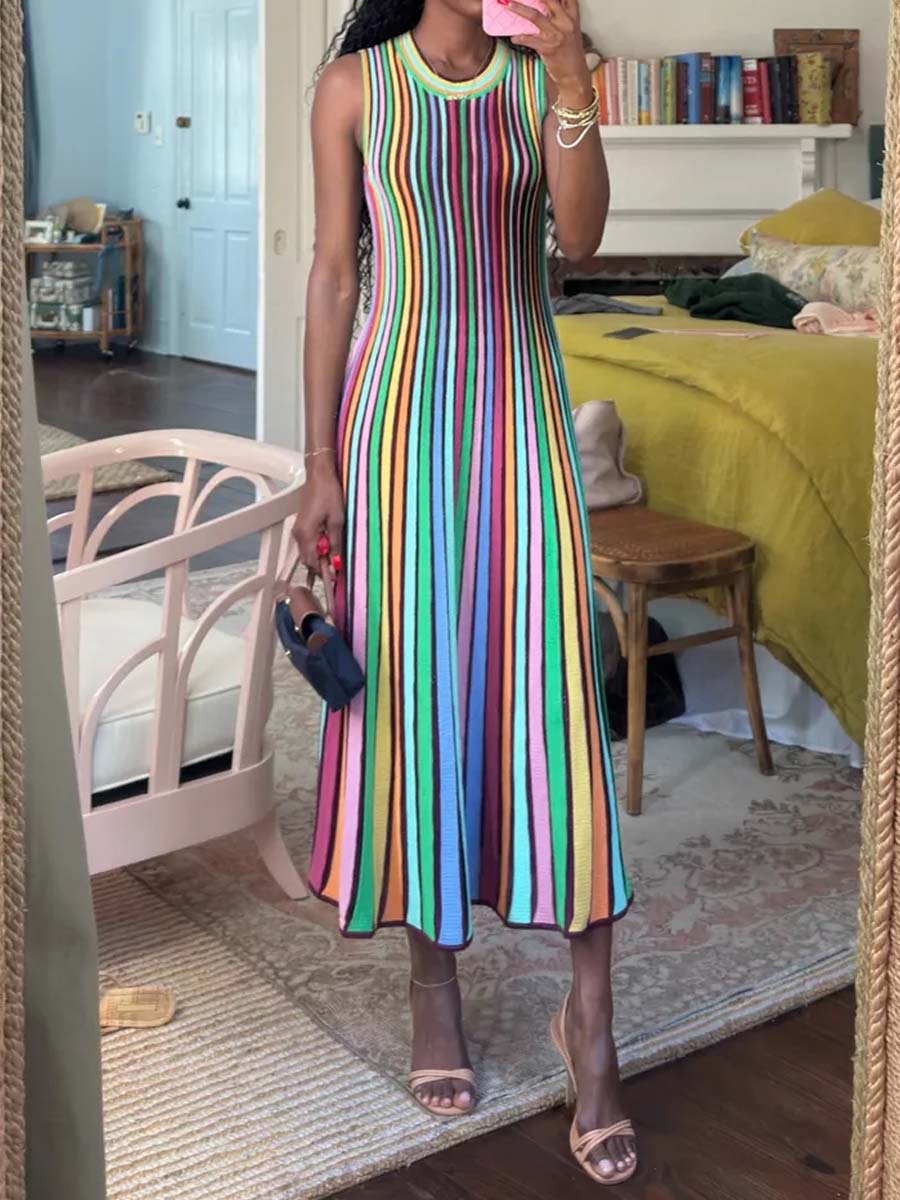 Rainbow Stripe Knitted Sleeveless Dress