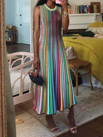 Rainbow Stripe Knitted Sleeveless Dress