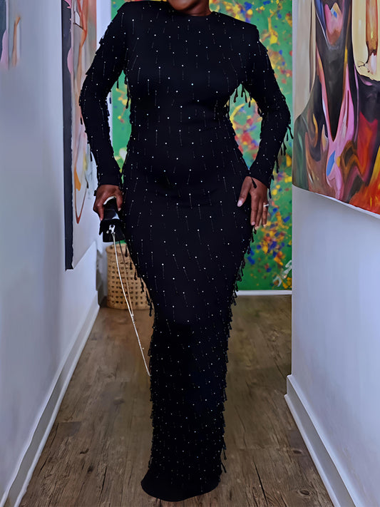 Black Beaded Tassel Maxi Dress