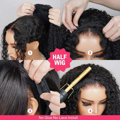 【3 IN 1 HALF WIG】Burmese Curly GLUELESS Invisible Half Wig For Blackwomen Clip In Protective Styles Human Hair
