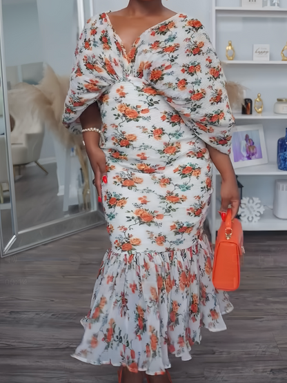 Elegant Pleated Sleeve Printed Maxi Dress