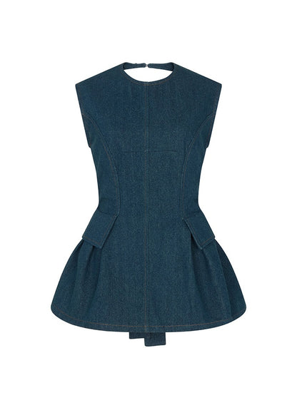 Backless Denim Peplum Two Pieces Set