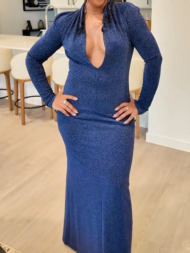 Plunge Neck Long Sleeve Open Back Maxi Dress