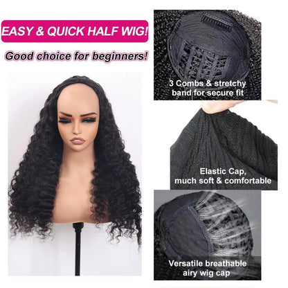 【3 IN 1 HALF WIG】Burmese Curly GLUELESS Invisible Half Wig For Blackwomen Clip In Protective Styles Human Hair