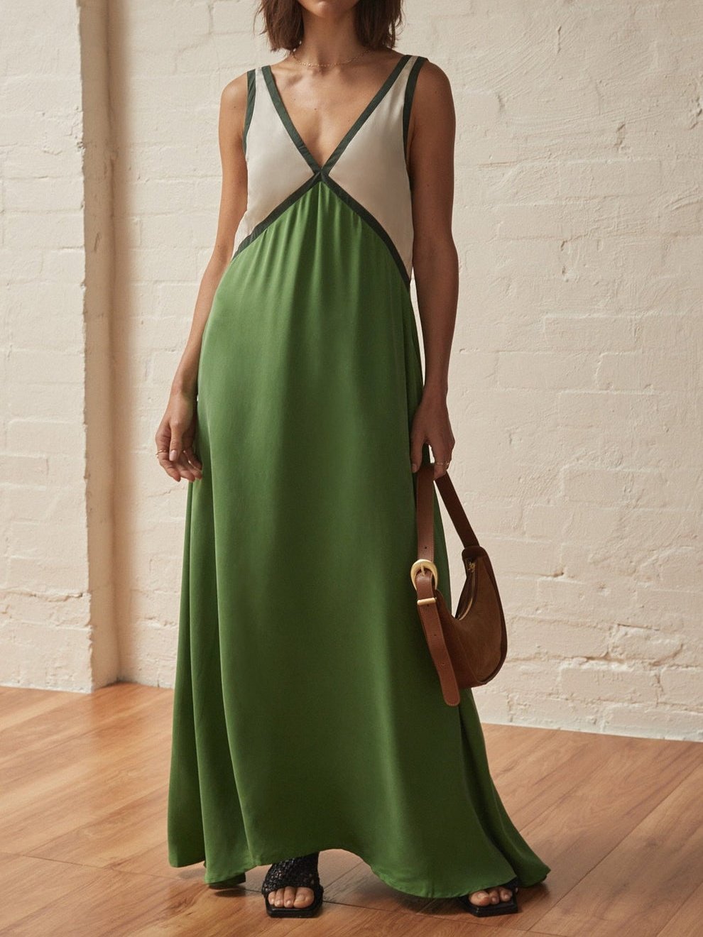 Patchwork V-Neck Strapless Maxi Dress