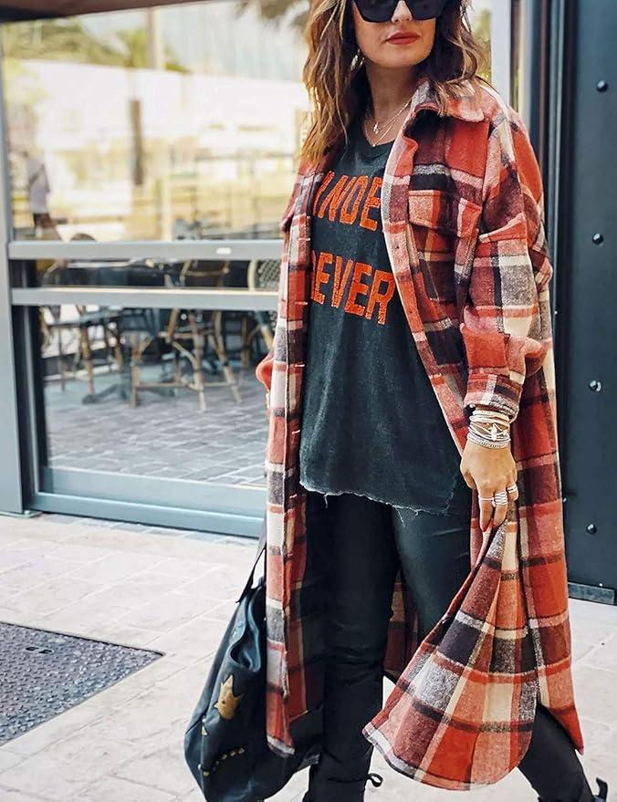 Flannel Plaid Shacket Fall Oversized Long Button Down Shirt Jacket