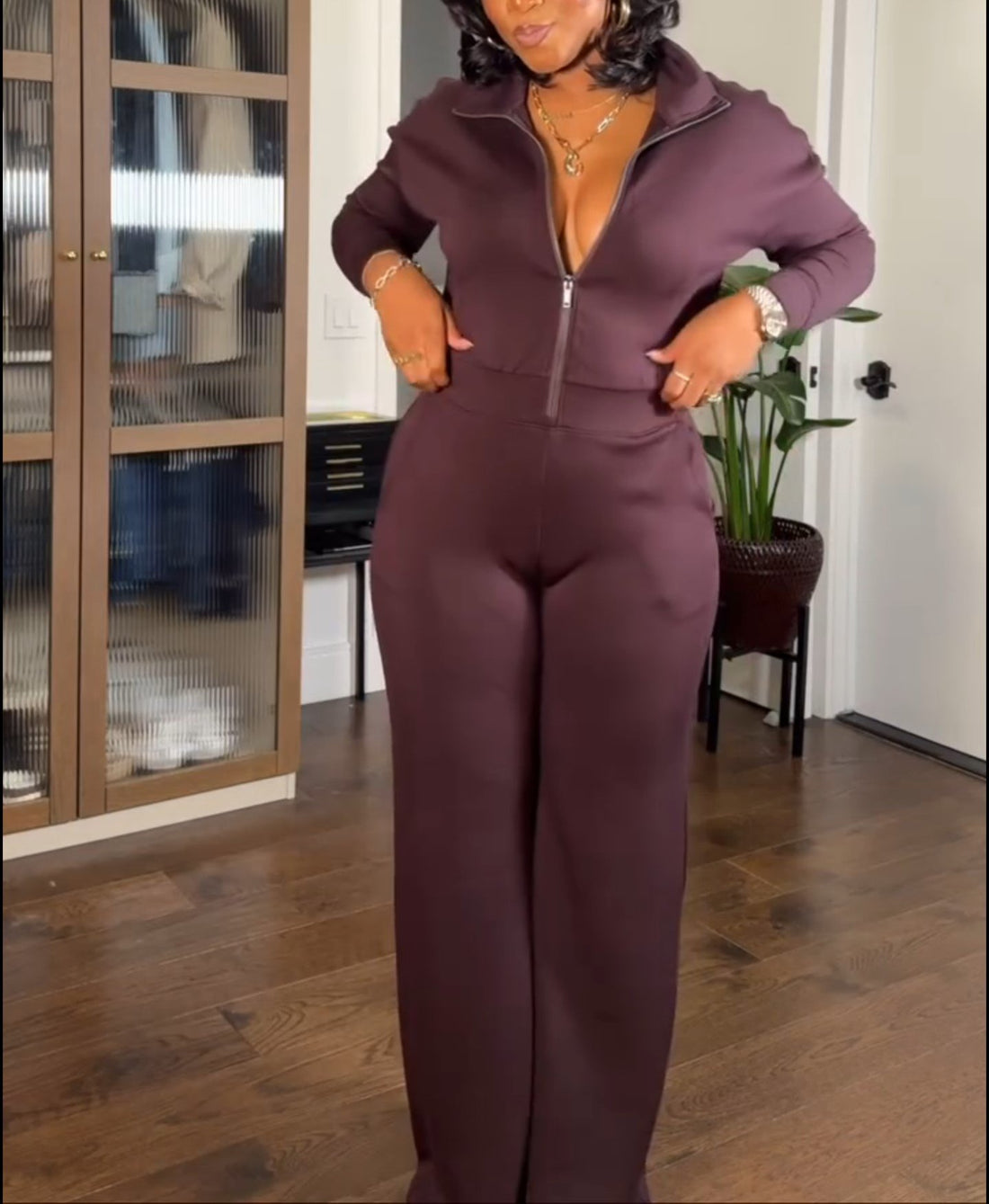 Solid Color Half Zip Jumpsuit