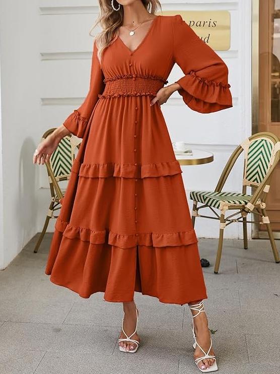 V Neck Long Sleeve Boho Maxi Dress