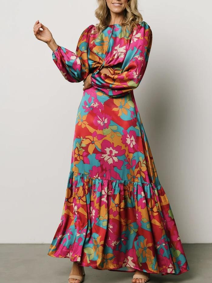 Floral Print Long Sleeve Cut Out Maxi Dress