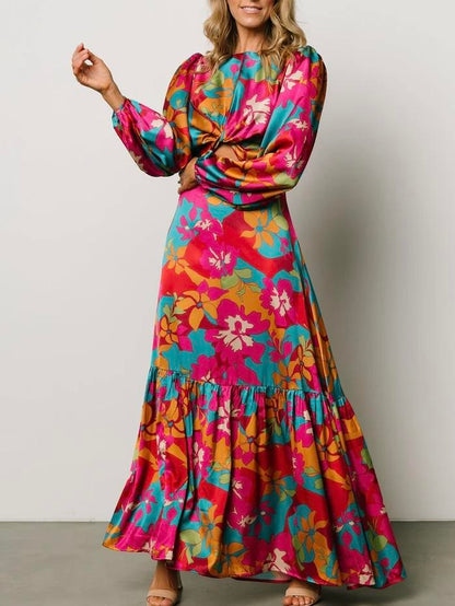 Floral Print Long Sleeve Cut Out Maxi Dress