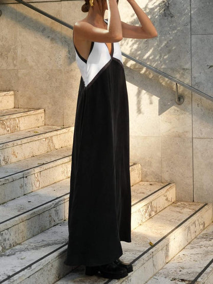 Patchwork V-Neck Strapless Maxi Dress