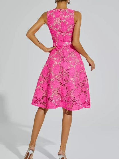 Brian Rose Red Lace Belted Midi Dress