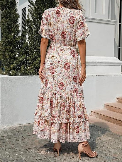 Cotton Short Sleeve V Neck Floral Print Midi Dresses