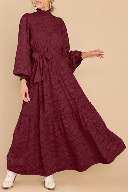 Floral High Neck Long Sleeve Elastic Waist Maxi Dress