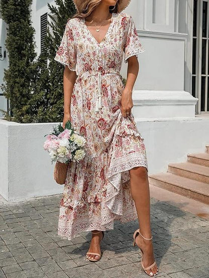 Cotton Short Sleeve V Neck Floral Print Midi Dresses