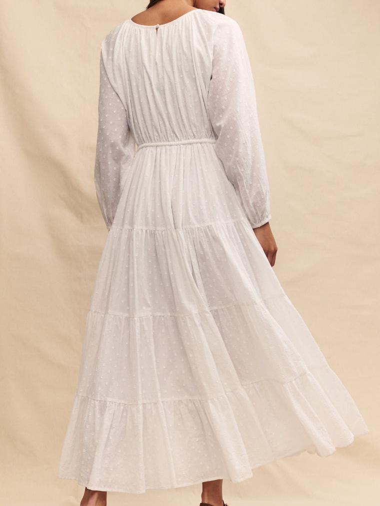 White Embroidered Tie Waist Aarti Smock Maxi Dress